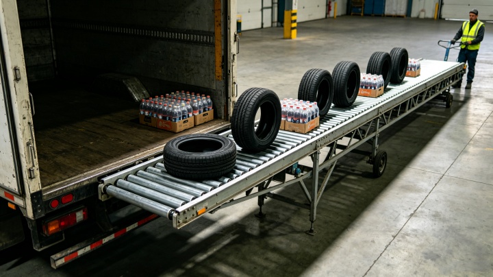 Heavy-duty telescopic roller conveyor handling cartons and drums with accumulation zone