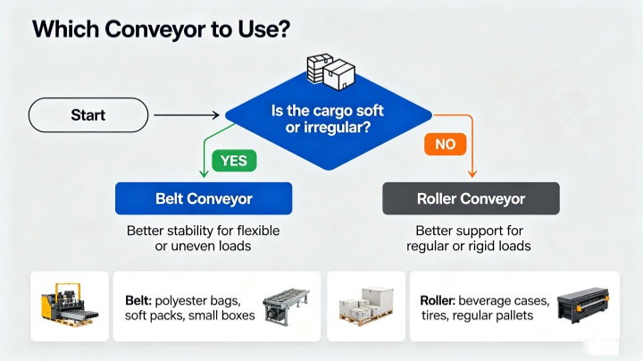 Decision flow chart for choosing telescopic belt conveyor vs roller conveyor based on cargo type
