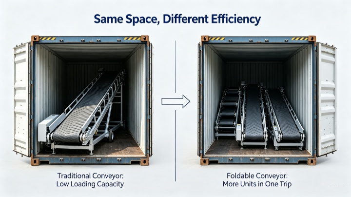 Comparison of shipping space: traditional rigid conveyor occupies full truck container versus multiple foldable belt conveyors compactly stacked in the same cargo space