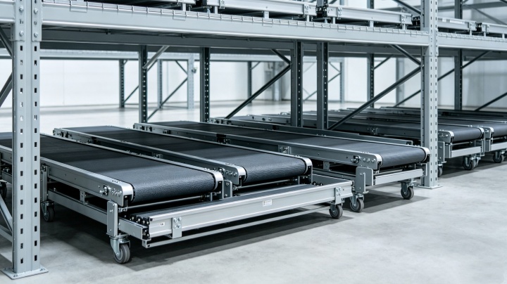 Folded belt conveyor stored vertically against warehouse wall, occupying minimal floor space when not in operation