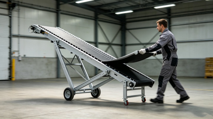 Single worker easily rolling a wheeled foldable belt conveyor across warehouse floor for quick repositioning