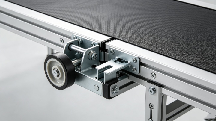 Close-up of pivot hinge and automatic tensioning mechanism on a heavy-duty foldable belt conveyor frame