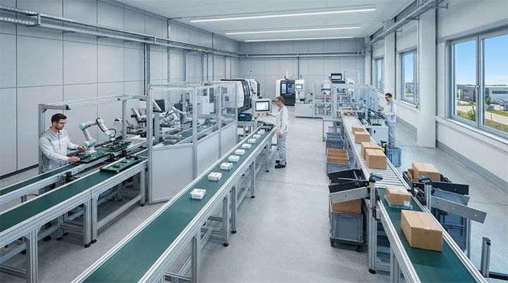 Industrial flat belt conveyor systems operating in modern manufacturing applications