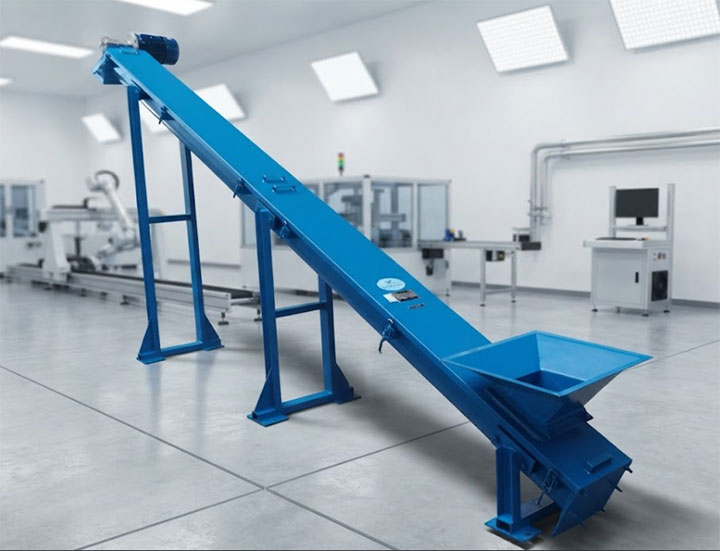 Modular belt conveyor system with incline design operating in a modern automated factory floor.