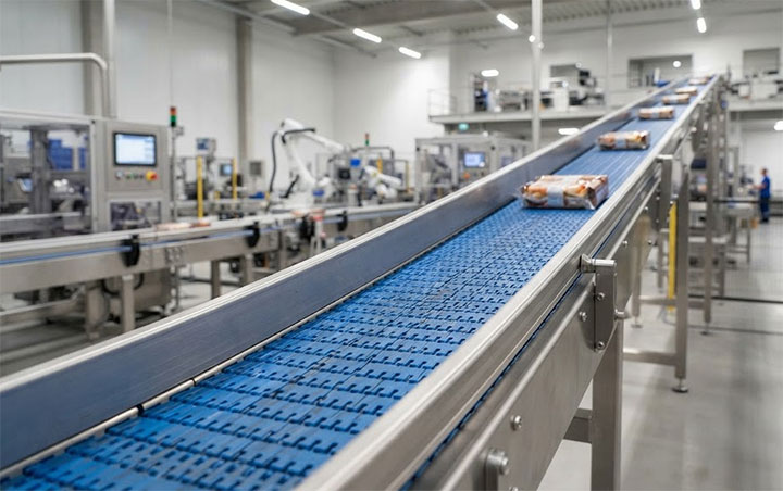 Modular belt conveyor system operating in an automated packaging and logistics production line.