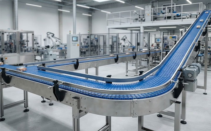 Modular belt conveyor system executing a complex layout with horizontal turns and an incline in an automated factory.