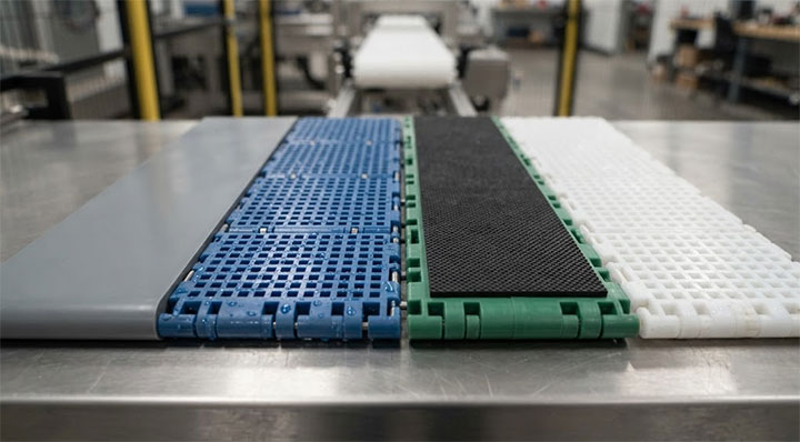 Various types of plastic modular belt surfaces including flat top and flush grid for industrial conveyors.