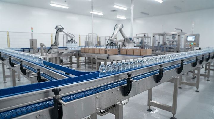 Sanitary modular belt conveyor system transporting bottled water in a modern food and beverage processing plant.