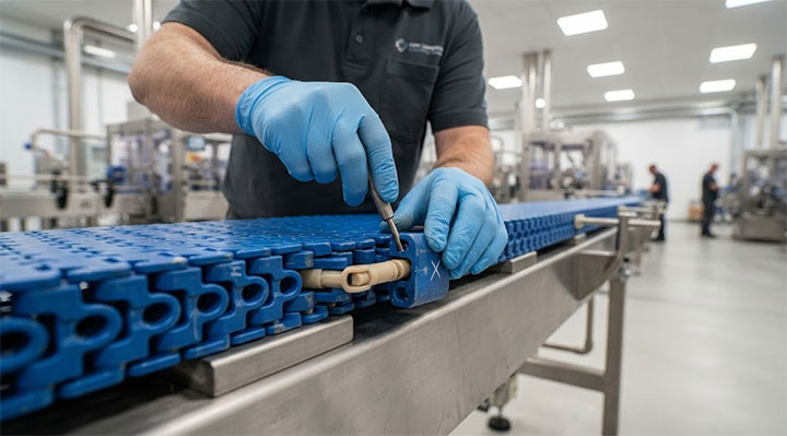Maintenance technician repairing a blue modular plastic conveyor belt by replacing individual links with a hinge rod.
