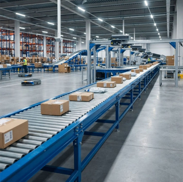Roller Bed Belt Conveyor Operating in an Industrial Warehousing and Distribution Center