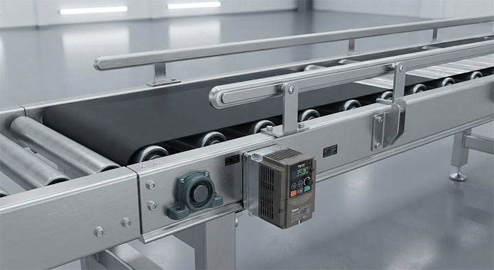 Custom Engineered Roller Bed Belt Conveyor with Stainless Steel Frame and VFD Motor