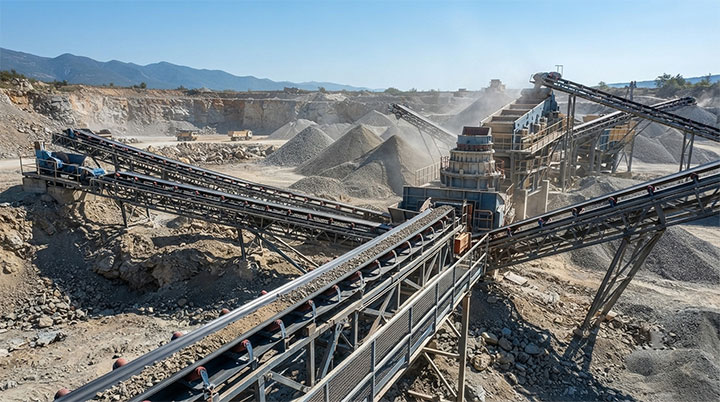 Heavy-duty belt conveyors operating in an outdoor aggregate processing plant and quarry.