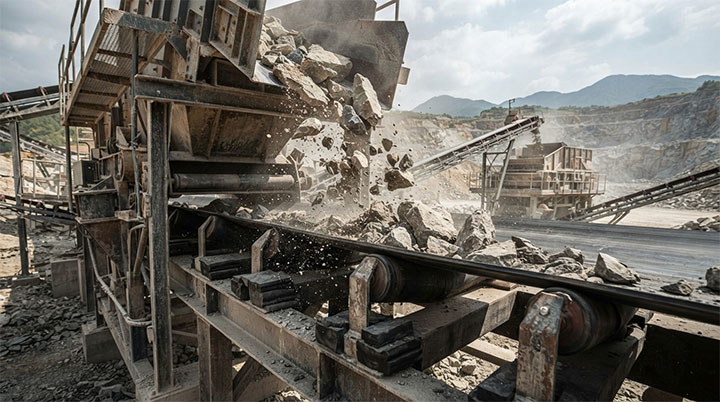 Heavy-duty conveyor belt loading point handling raw crushed stones in an aggregate quarry.