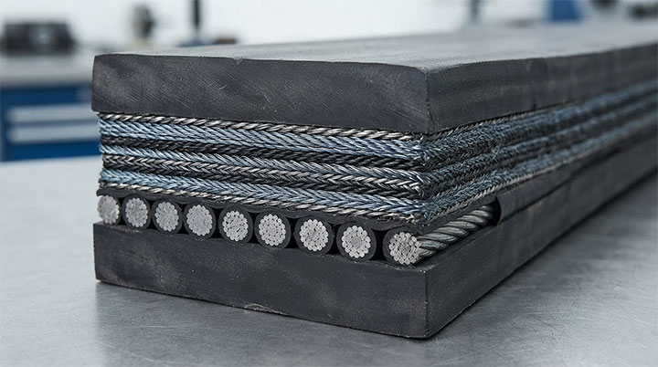 Cross-section view of a heavy-duty conveyor belt with steel cord reinforcement and abrasion-resistant rubber covers.