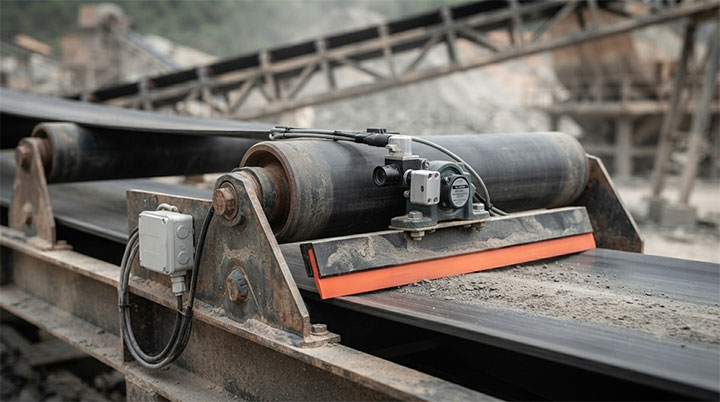 Heavy-duty conveyor belt equipped with IoT monitoring sensors and maintenance systems to reduce downtime in aggregate plants.
