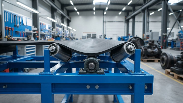 Mid-section of a heavy-duty belt conveyor showcasing precise idler rollers and robust blue structural steel frame.