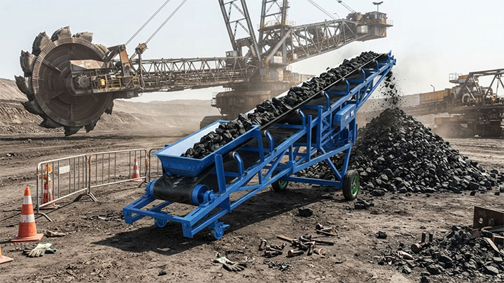 Heavy-duty mobile belt conveyor operating in an outdoor coal handling yard with massive mining equipment in the background
