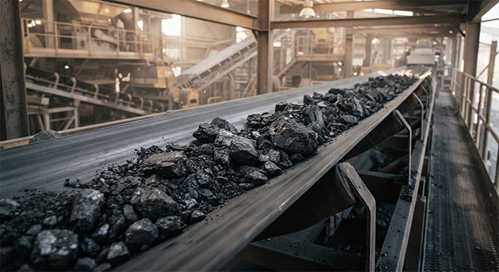 Heavy-duty industrial belt conveyor transporting a heavy load of raw, jagged coal chunks showing realistic texture and dust.