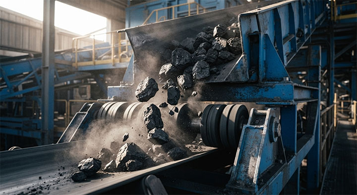 Heavy-duty coal conveyor transfer point with reinforced impact idlers absorbing dynamic drop shocks from raw coal.