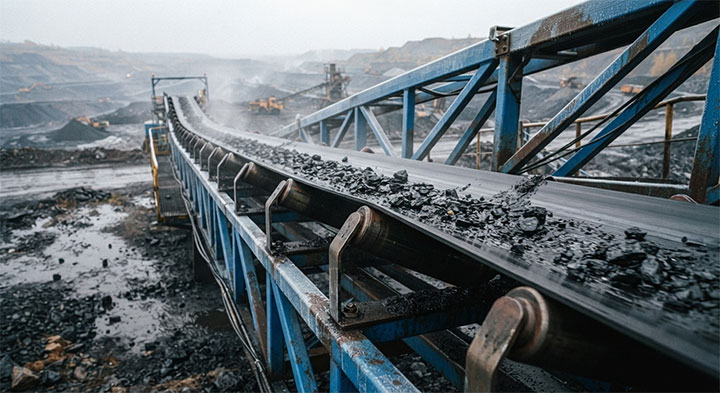 Heavy-duty outdoor belt conveyor operating under damp and cold conditions with precision idler alignment.