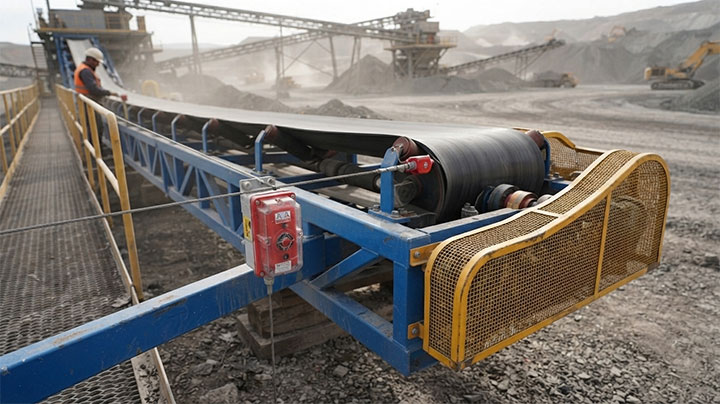 Heavy-duty belt conveyor equipped with safety pull-cord switch and protective mesh guards for operational safety.