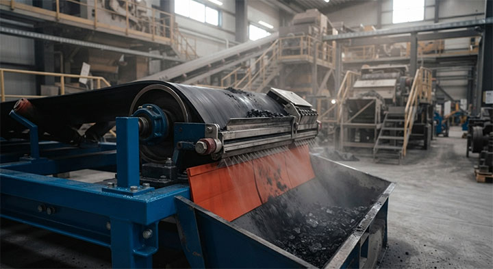 Conveyor discharge pulley with polyurethane belt cleaner and dust suppression mist for environmental control.