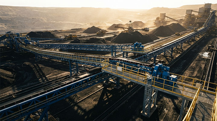 Large-scale outdoor coal yard conveyor system retrofit showing complex structural layout and high-capacity transport.