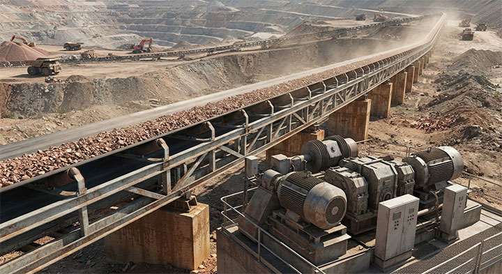 Heavy-duty overland conveyor system operating in a large open-pit copper mine for long-distance bulk transport