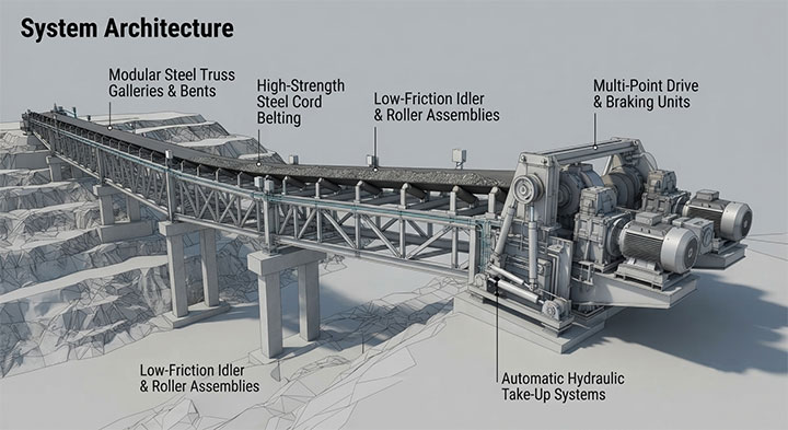 3D engineering system architecture diagram of an overland belt conveyor showing drive units, steel cord belting, and idler assemblies