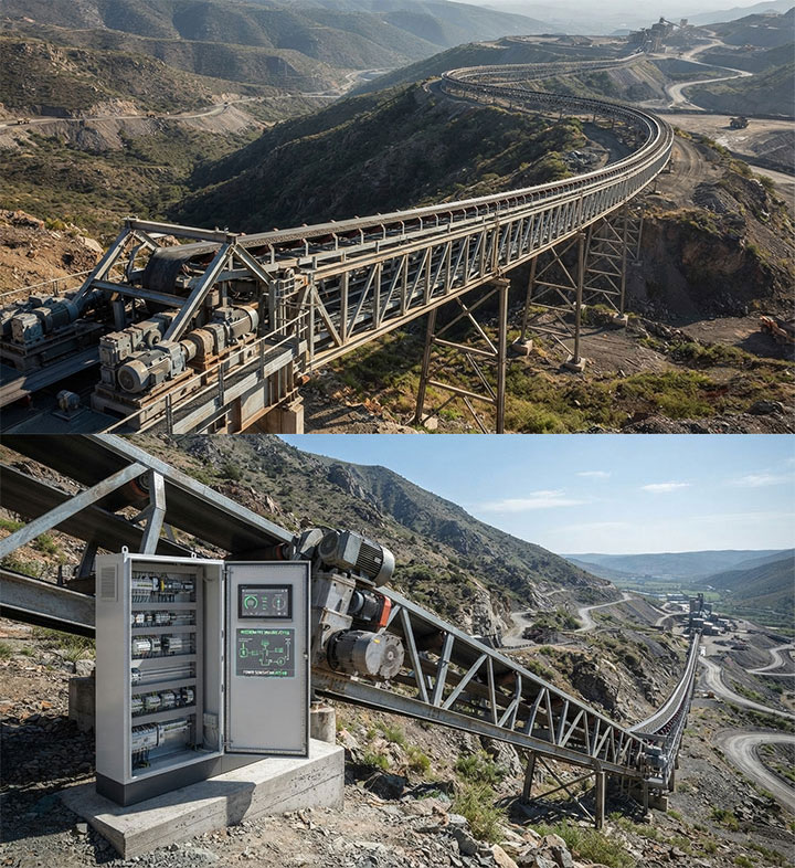 Engineering features of overland conveyor showing mountain curve terrain adaptability and regenerative braking energy efficiency