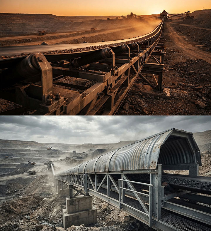 Heavy-duty overland conveyor showcasing 24/7 continuous operational reliability and extreme weather site durability