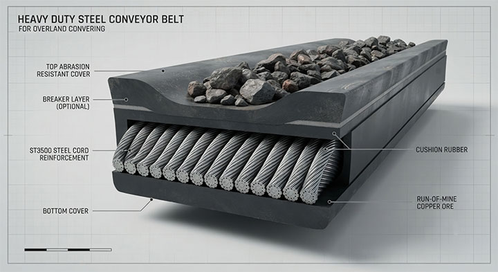 Cross-sectional engineering render of heavy-duty St3500 steel cord conveyor belt carrying run-of-mine copper ore with embedded steel wire cords