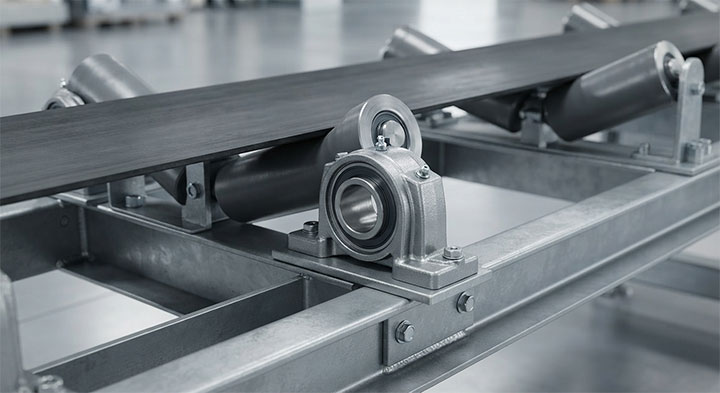 Precision engineering close-up of heavy-duty troughing idler roller assemblies and sealed bearing housings for low rotational friction