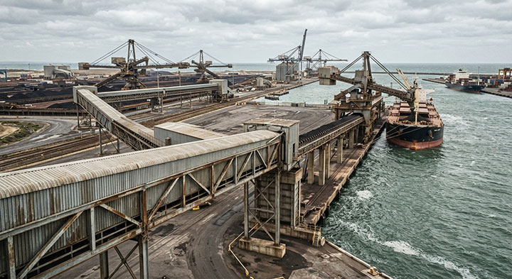 High-speed coastal port bulk material handling conveyor system connecting stockyards to marine loading docks under heavy wind loads