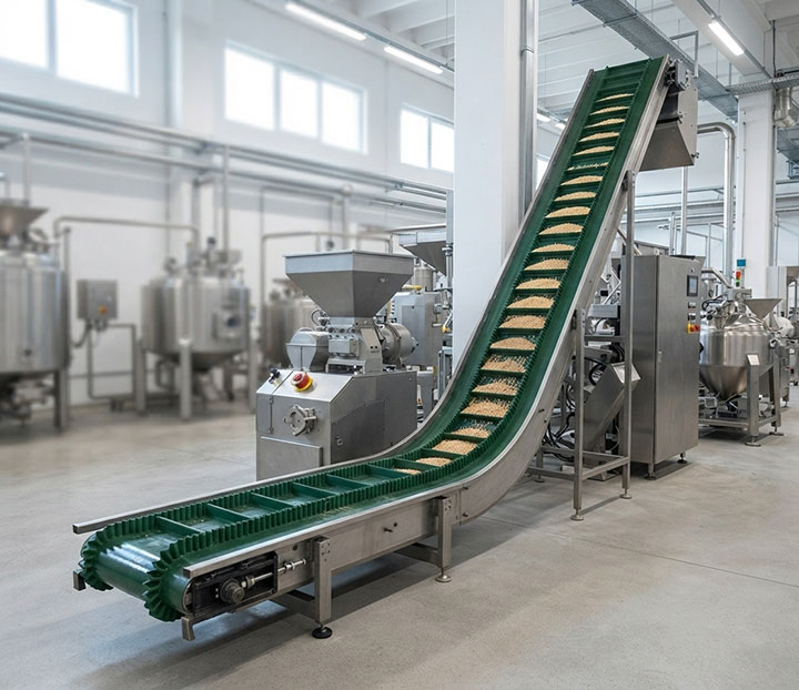 Industrial L-type belt conveyor system with corrugated sidewalls transporting bulk materials in a modern factory.