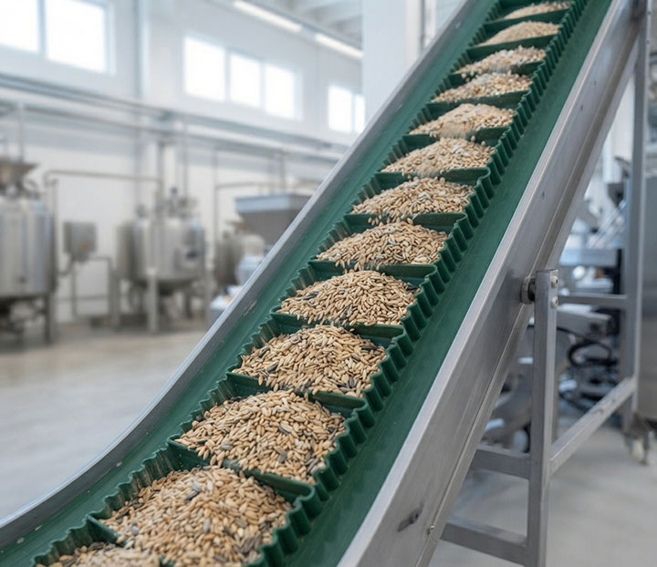 Close-up of an L-type conveyor belt with corrugated sidewalls and cleats preventing material spillage during steep vertical lifting.
