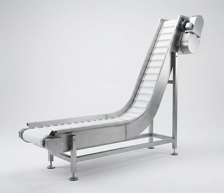 Customized food-grade L-type belt conveyor made of brushed 304 stainless steel for flexible plant layout integration.