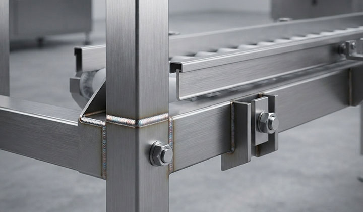 Close-up of the heavy-duty structural frame and precision welding seams of an industrial L-type conveyor made of 304 stainless steel.
