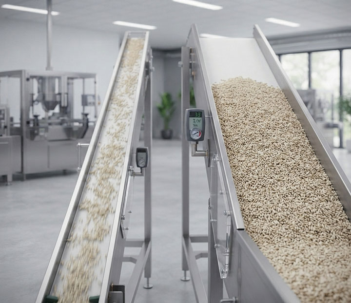 Comparison of industrial conveyor systems showing different belt widths and flow volumes to match target throughput capacity.
