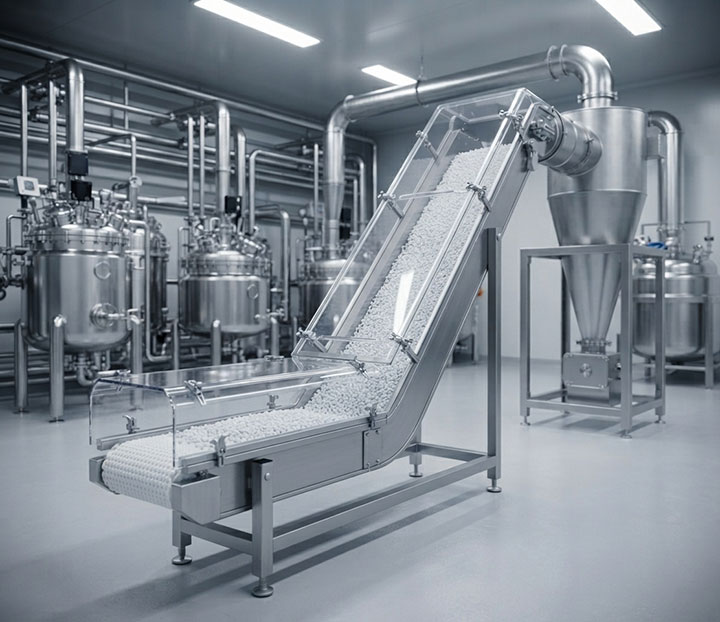 Fully enclosed L-type belt conveyor with dust covers safely elevating plastic resin pellets in a chemical processing plant.