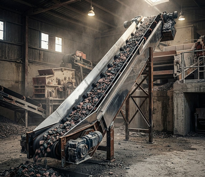 Heavy-duty carbon and stainless steel L-type conveyor reliably moving crushed granite rocks in an aggregate processing plant.