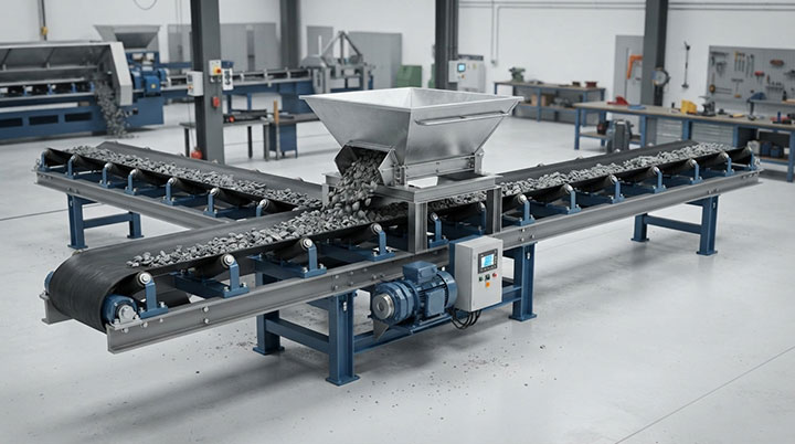 3D render of a heavy-duty reversible belt conveyor showing central feed hopper and dual-direction material transport mechanism