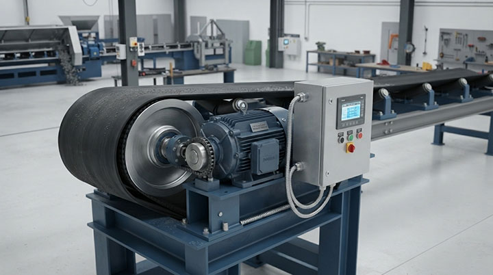 Close-up render of a heavy-duty industrial reversible belt conveyor drive unit featuring a high-performance reversible gear motor and VFD control panel