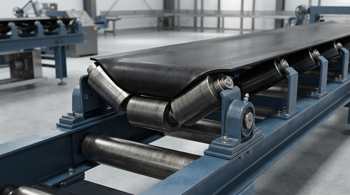 Engineering render of symmetrical troughing idlers and precision-machined rollers on a heavy-duty industrial reversible belt conveyor