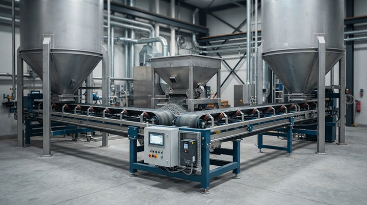 Reversible belt conveyor operating between two storage silos for multi-bin batching and material distribution in an industrial plant