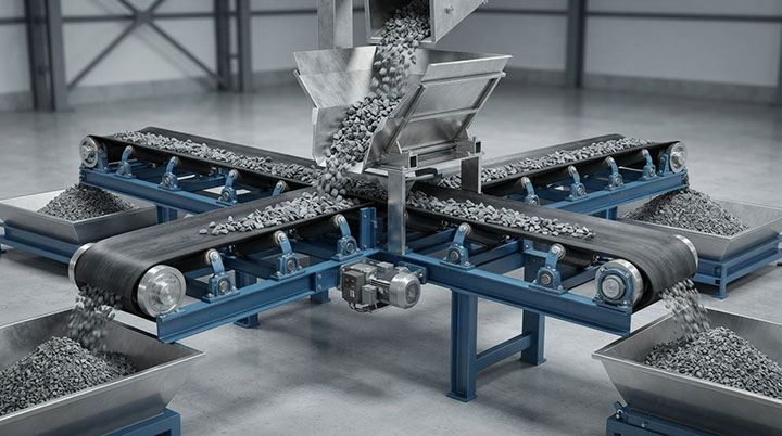 3D technical render of a reversible belt conveyor featuring a central feed chute and clean dual-direction bulk material transfer