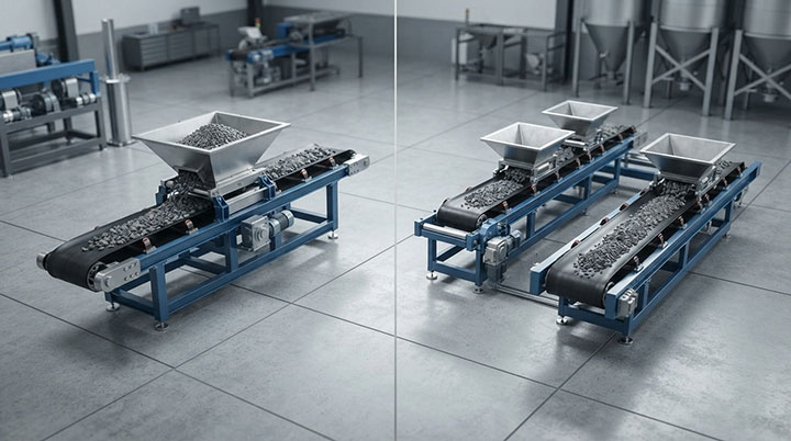 3D engineering comparison showing a compact single reversible belt conveyor versus two parallel traditional single-direction conveyors