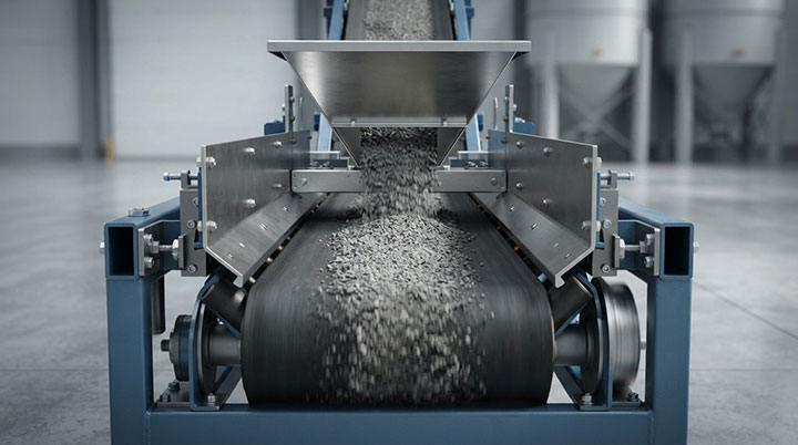 Technical close-up render of a reversible conveyor central section with a centered receiving hopper and symmetrical skirt boards for smooth material flow