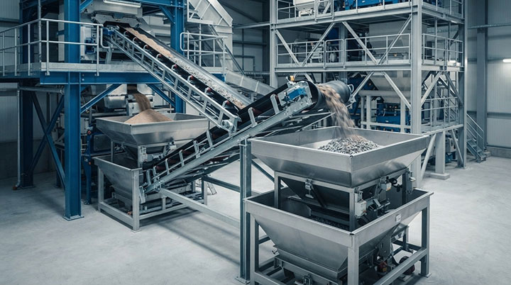Heavy-duty reversible belt conveyor feeding aggregates into adjacent weighing hoppers in a modern concrete batching plant