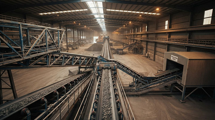 Wide-angle view of a reversible belt conveyor system dynamically reversing material streams in a large bulk material terminal and warehouse